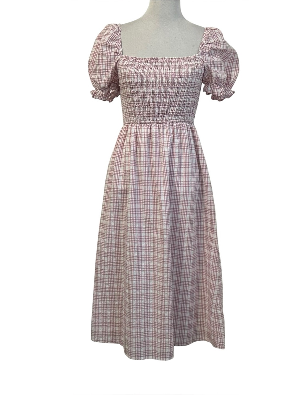 Lena Womens Gingham Maxi Dress Sz Medium Pink White Short Sleeve Smocked Lined